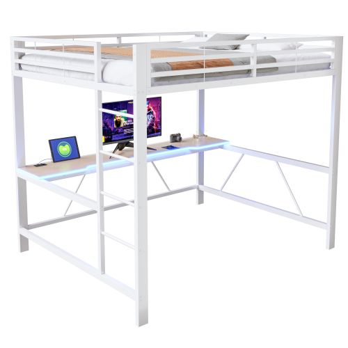 Lit Mezzanine 160x200 Cm Avec Bureau Et LED, Avec Ports USB Et Type-c, En Métal, Blanc