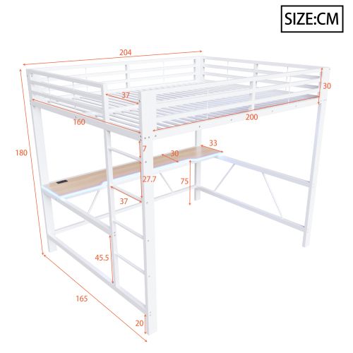 Lit Mezzanine 160x200 Cm Avec Bureau Et LED, Avec Ports USB Et Type-c, En Métal, Blanc