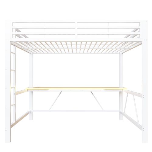 Lit Mezzanine 160x200 Cm Avec Bureau Et LED, Avec Ports USB Et Type-c, En Métal, Blanc