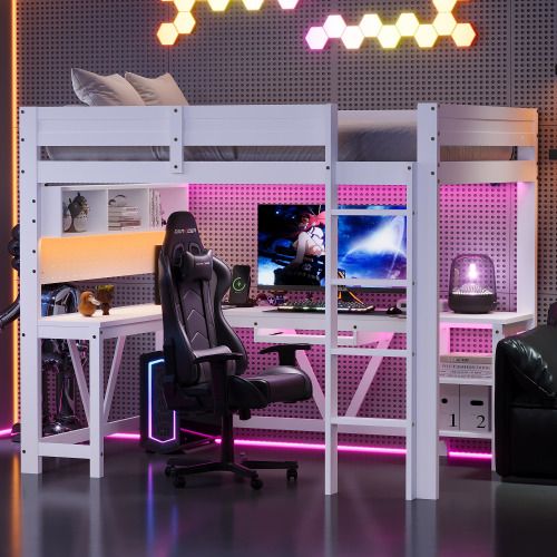 Lit Mezzanine 90x200 Cm, Avec Bureau, LED Et Ports USB Et Type-c, En Bois, Blanc