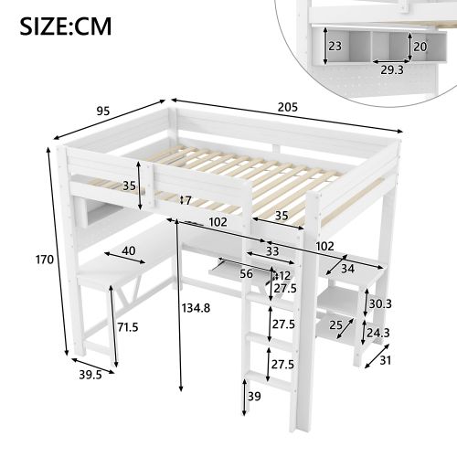 Lit Mezzanine 90x200 Cm, Avec Bureau, LED Et Ports USB Et Type-c, En Bois, Blanc