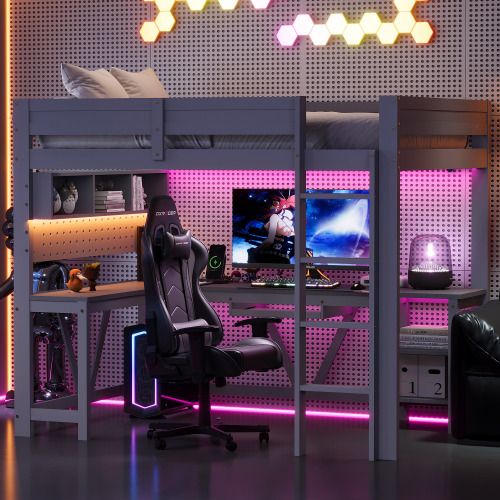 Lit Mezzanine 90x200 Cm, Avec Bureau, LED Et Ports USB Et Type-c, En Bois, Gris