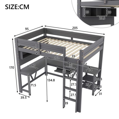 Lit Mezzanine 90x200 Cm, Avec Bureau, LED Et Ports USB Et Type-c, En Bois, Gris
