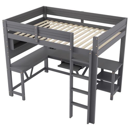 Lit Mezzanine 90x200 Cm, Avec Bureau, LED Et Ports USB Et Type-c, En Bois, Gris