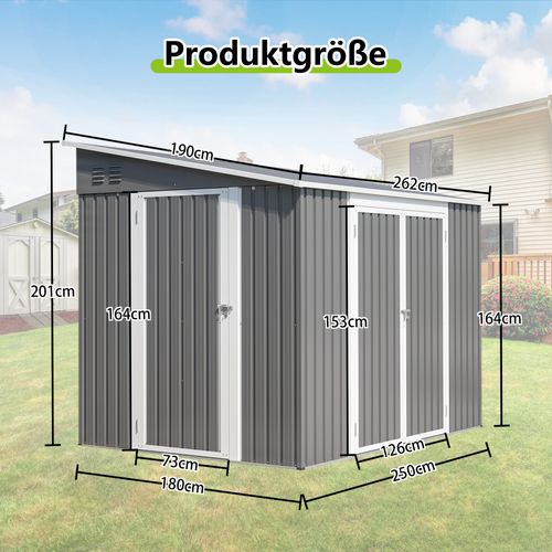 Abri De Jardin En Métal Galvanisé Gris 262x180x201 Cm Avec Double Portes Et Plancher
