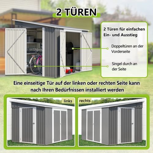 Abri De Jardin En Métal Galvanisé Gris 262x180x201 Cm Avec Double Portes Et Plancher