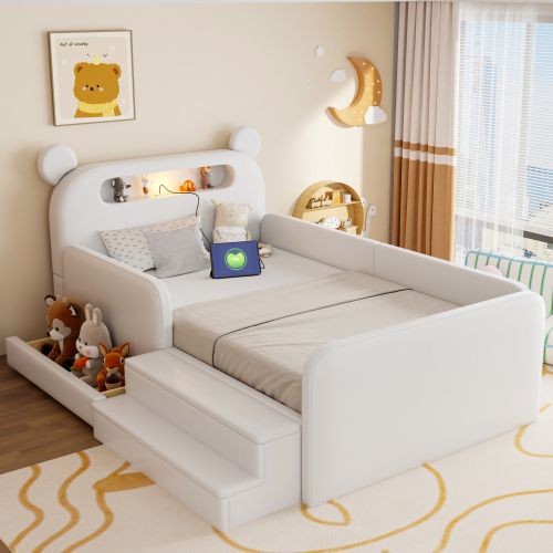Lit Enfant 90x200 Cm,lit Avec Rangement Et Veilleuse, Avec Ports USB Et Type-c, Blanc