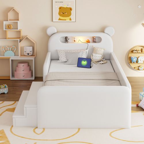 Lit Enfant 90x200 Cm,lit Avec Rangement Et Veilleuse, Avec Ports USB Et Type-c, Blanc