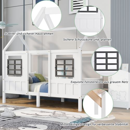 Lit Enfant 90x200 Cm - Lit Cabane Avec Rangement - 2 Tiroirs - Bois Massif - Blanc