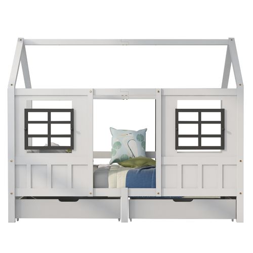 Lit Enfant 90x200 Cm - Lit Cabane Avec Rangement - 2 Tiroirs - Bois Massif - Blanc