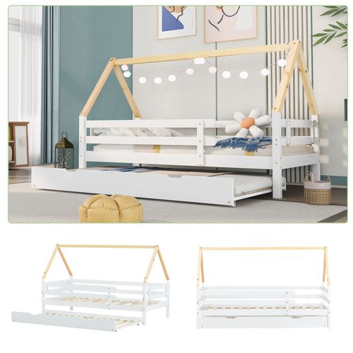 Lit Enfant 90x200 Cm - Lit Cabane - Lit Gigogne - Tiroir De Rangement - Mdf - Blanc
