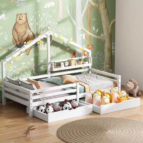 Lit Cabane Enfant 90x200 Cm - Toit Avec Deux Grands Tiroirs - Pin Massif - Blanc