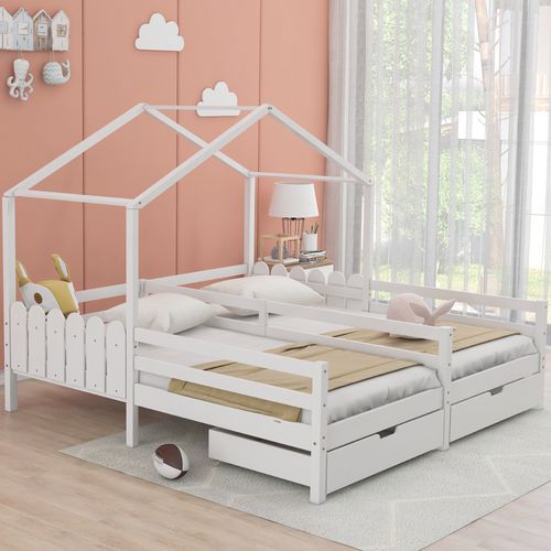 Lit Enfant 90x200 Cm - Cabane - Toit Et Fenêtres - 2 Tiroirs Roulettes - Cadre Pin - Blanc
