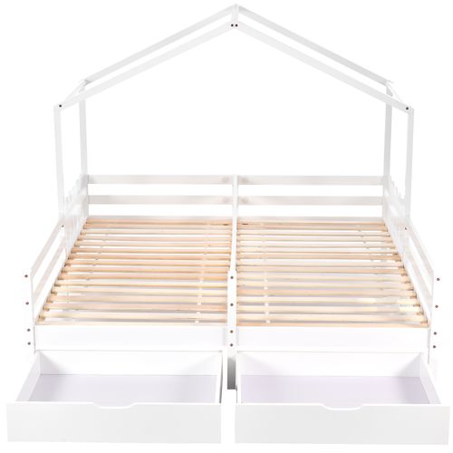 Lit Enfant 90x200 Cm - Cabane - Toit Et Fenêtres - 2 Tiroirs Roulettes - Cadre Pin - Blanc
