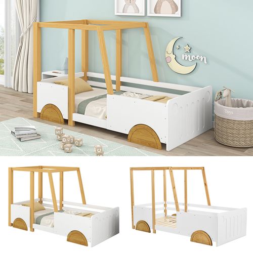Lit Enfant 90x200 Cm - Lit Voiture - Roulettes - Design Cabane Amusant - Blanc