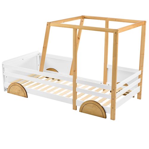 Lit Enfant 90x200 Cm - Lit Voiture - Roulettes - Design Cabane Amusant - Blanc