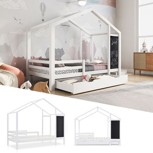 Lit Cabane Enfant 90x200 Cm - Lit Avec Tableau + Grands Tiroirs - Design Ludique - Blanc