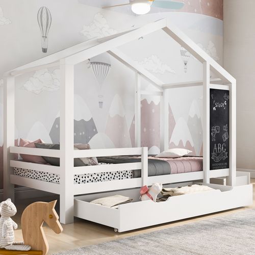 Lit Cabane Enfant 90x200 Cm - Lit Avec Tableau + Grands Tiroirs - Design Ludique - Blanc