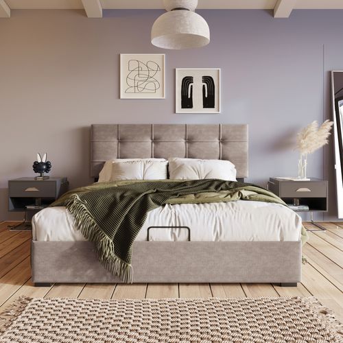 Lit Coffre 140x200 Cm - Rangement Hydraulique - Lit Capitonné - Velours - Gris