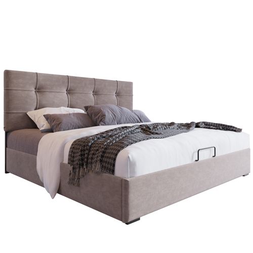 Lit Coffre 140x200 Cm - Rangement Hydraulique - Lit Capitonné - Velours - Gris