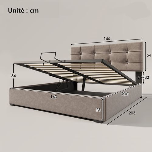 Lit Coffre 140x200 Cm - Rangement Hydraulique - Lit Capitonné - Velours - Gris