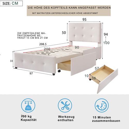 Lit Simple 90x200 Cm - 2 Tiroirs De Rangement Pratiques - Velours - Beige