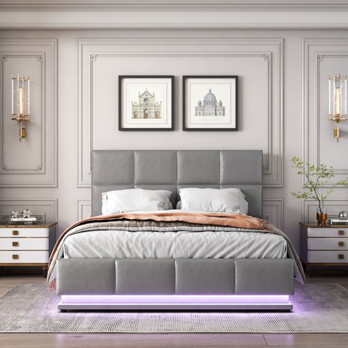 Lit Coffre 140×200 Cm - Éclairage LED - Rangement Hydraulique - Simili - Gris