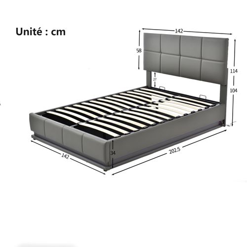 Lit Coffre 140×200 Cm - Éclairage LED - Rangement Hydraulique - Simili - Gris