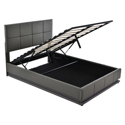 Lit Coffre 140×200 Cm - Éclairage LED - Rangement Hydraulique - Simili - Gris