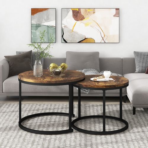 Tables Basses Gigognes Rondes Lot De 2 Mdf Imitation Bois Métal Brun