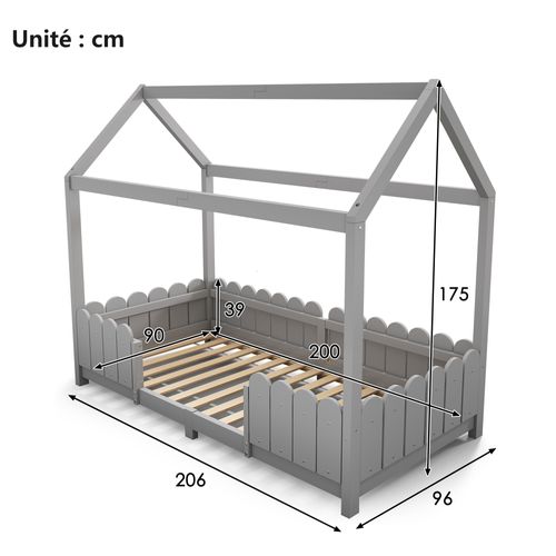 Lit Enfant 90x200 Cm - Lit Cabane Sécurisé Avec Clôtures Et Sommier - Design Ludique - Grise