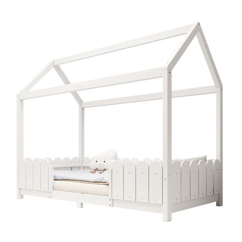 Lit Enfant 90x200 Cm - Lit Cabane Sécurisé Avec Clôtures - Style Mignon Et Moderne - Blanc