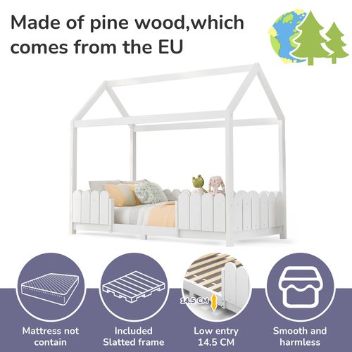 Lit Enfant 90x200 Cm - Lit Cabane Sécurisé Avec Clôtures - Style Mignon Et Moderne - Blanc