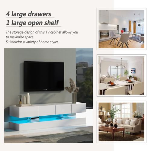 Meuble TV Mural Avec 16 Couleurs LED Et Grand Rangement, 2 Armoires Et 4 Tiroirs, Mdf, Blanc