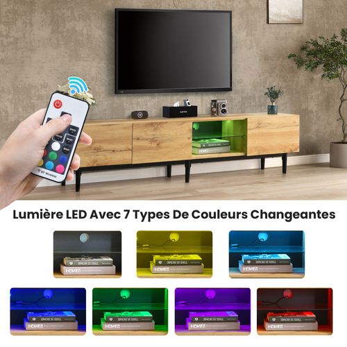 Meuble TV Design LED Multicolore Avec Rangement Ouvert Pieds Métal Modernes Naturel
