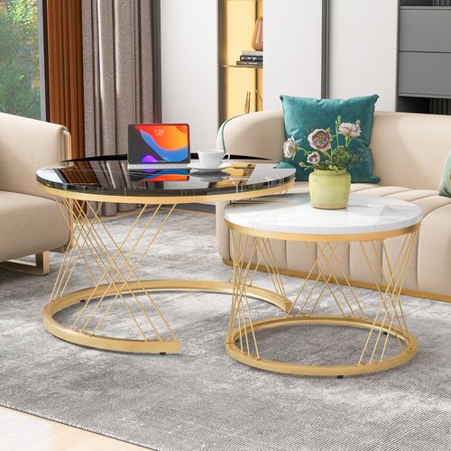 Table Basse Ronde Gigogne, Lot De 2, Plateau Marbre, Pieds Métal, Noir/blanc