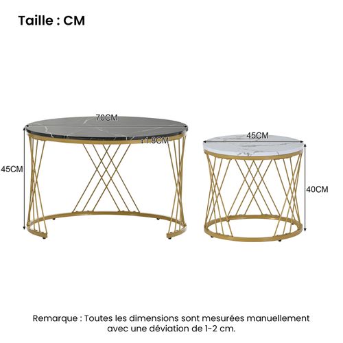 Table Basse Ronde Gigogne, Lot De 2, Plateau Marbre, Pieds Métal, Noir/blanc