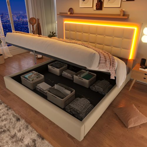 Lit Double Capitonné 180x200 Cm - Lit Coffre Avec Éclairage LED - Revêtement En Simili - Blanc