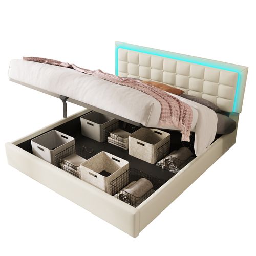 Lit Double Capitonné 180x200 Cm - Lit Coffre Avec Éclairage LED - Revêtement En Simili - Blanc