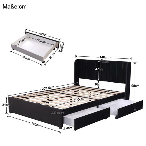 Lit Double 140x200, Lit Capitonné Avec 2 Tiroirs Et Tête De Lit, Velours Noir