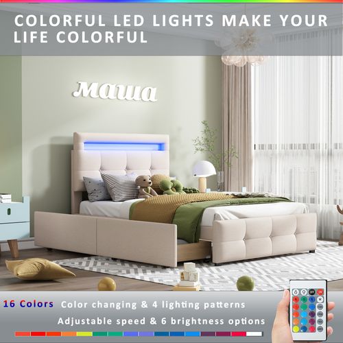 Lit Enfant 90x200 Cm - LED Intégrée + 2 Tiroirs - Rangement Pratique - Velours - Beige