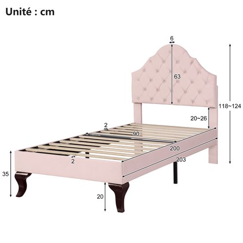 Lit Simple 90x200 Cm - Lit Ado Capitonné Avec Tête Réglable - Style Contemporain - Velours - Rose