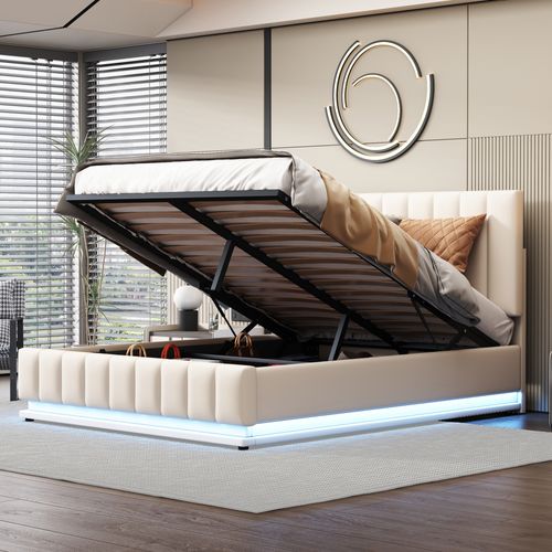 Lit Double 140×200 Cm - Rangement Intégré - Éclairage LED - Simili - Blanc
