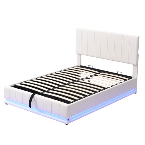 Lit Double 140×200 Cm - Rangement Intégré - Éclairage LED - Simili - Blanc