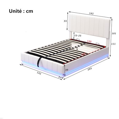 Lit Double 140×200 Cm - Rangement Intégré - Éclairage LED - Simili - Blanc