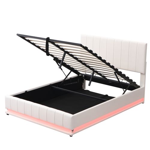 Lit Double 140×200 Cm - Rangement Intégré - Éclairage LED - Simili - Blanc