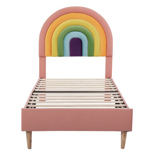 Lit Enfant 90x200 Cm - Lit Simple Avec Tête De Lit Arc-en-ciel Réglable - Velours Doux - Rose