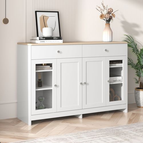Buffet Meuble De Rangement - 4 Portes En Verre - 2 Tiroirs - Mdf - Blanc Et Bois Naturel