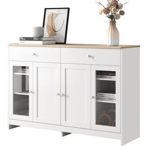 Buffet Meuble De Rangement - 4 Portes En Verre - 2 Tiroirs - Mdf - Blanc Et Bois Naturel
