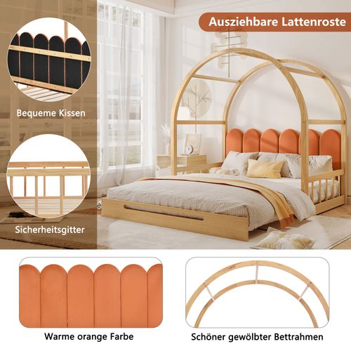 Lit Gigogne 140x200 Cm - Cabane - Toit Arqué - Coussins Douillets - Pin Massif - Naturel Et Orange